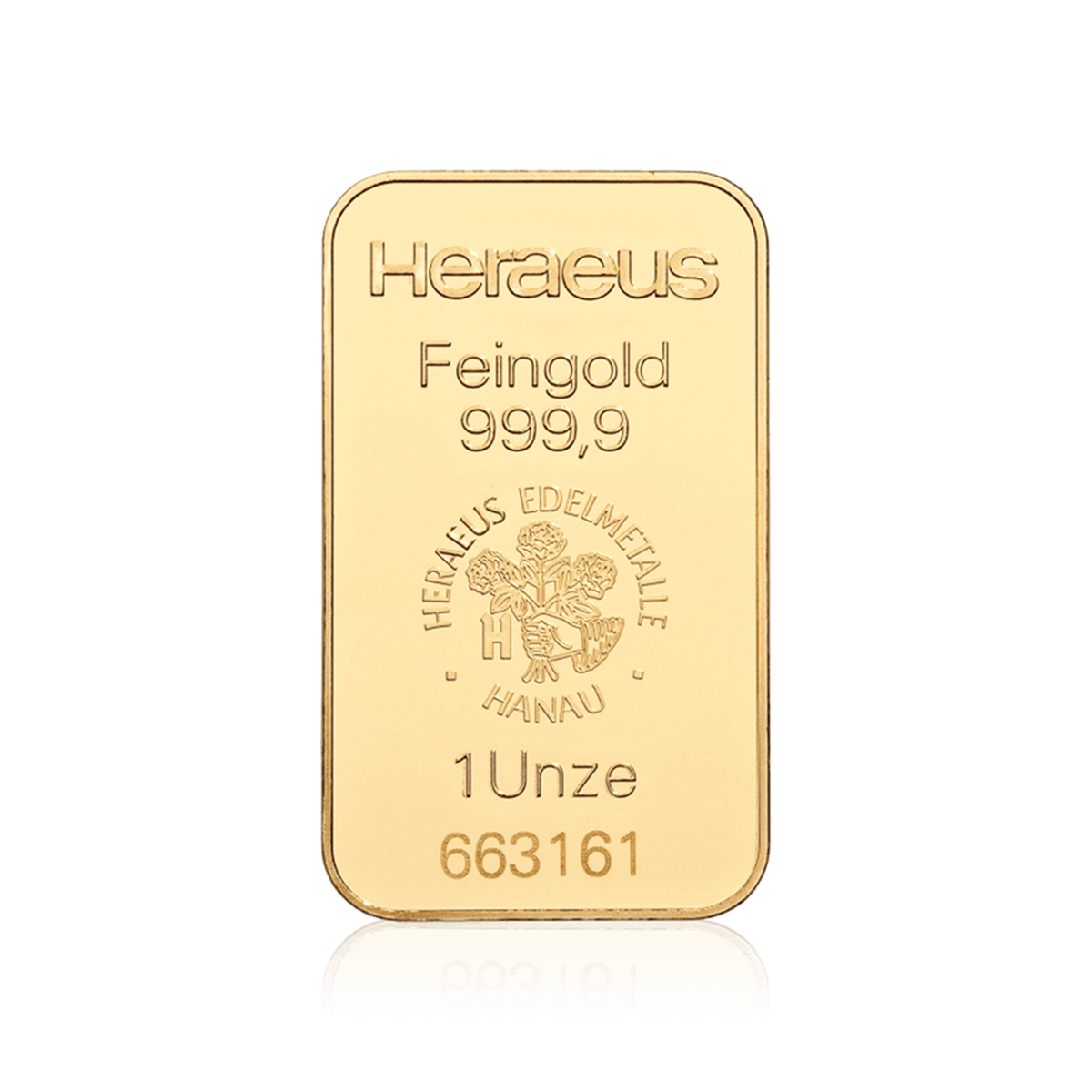 1 Unze geprägter Heraeus Goldbarren Vorderseite 1 Unze geprägter Heraeus Goldbarren Vorderseite