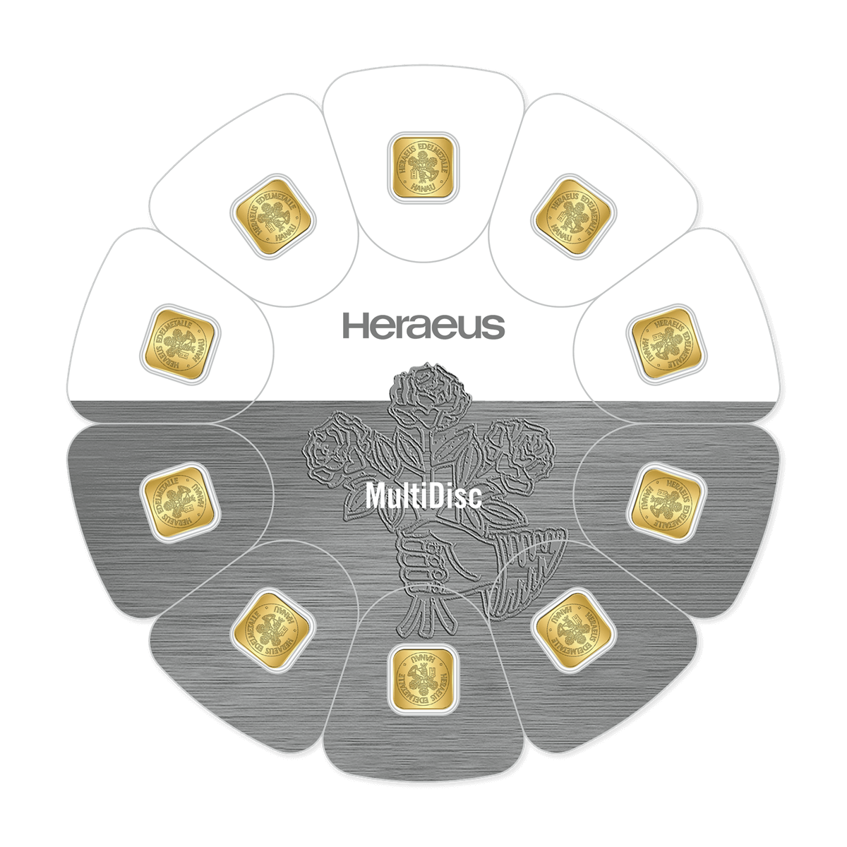 10 Gramm geprägter Heraeus MultiDisc Goldbarren verpackt Vorderseite 10 Gramm geprägter Heraeus MultiDisc Goldbarren verpackt Vorderseite