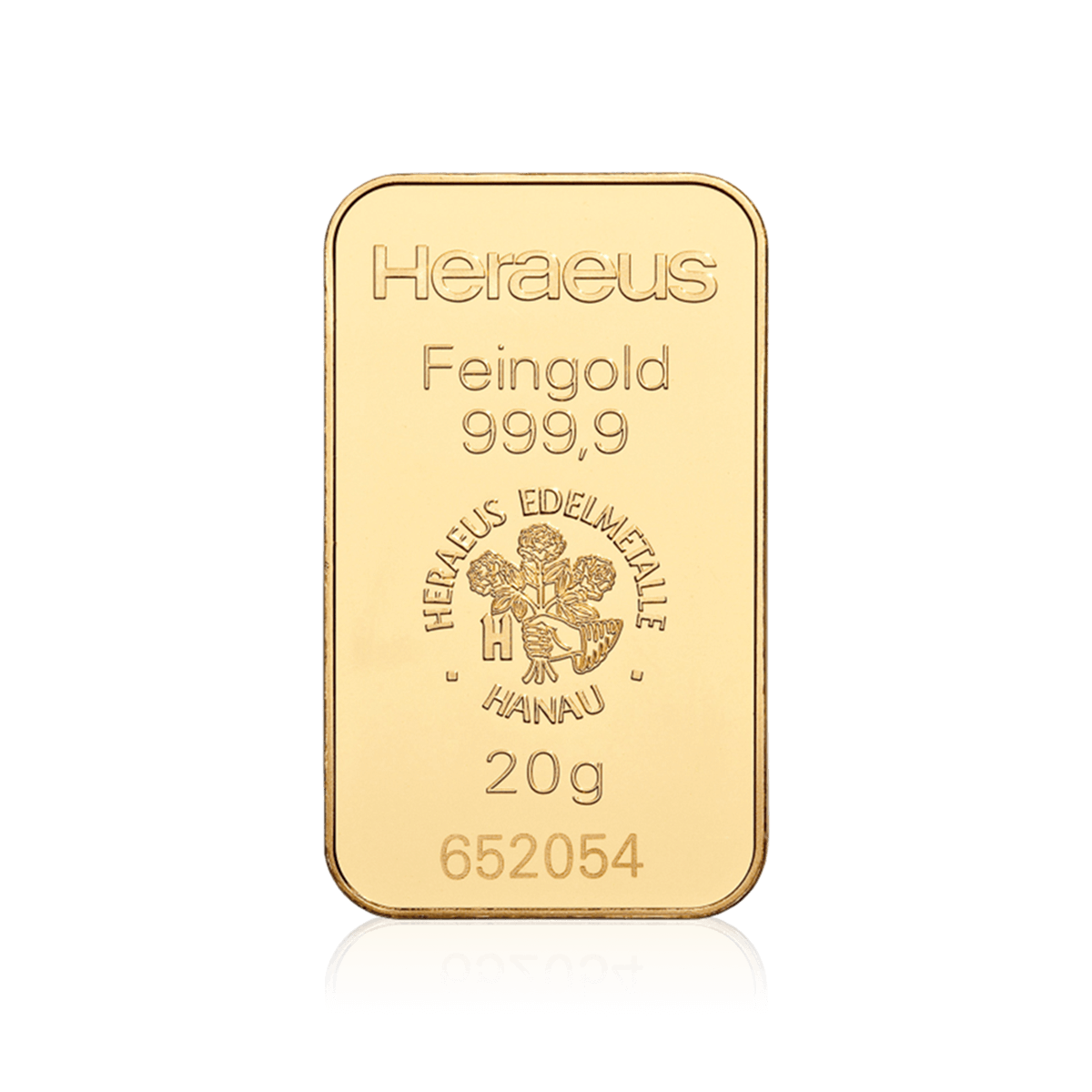 20 Gramm geprägter Heraeus Goldbarren Vorderseite 20 Gramm geprägter Heraeus Goldbarren Vorderseite
