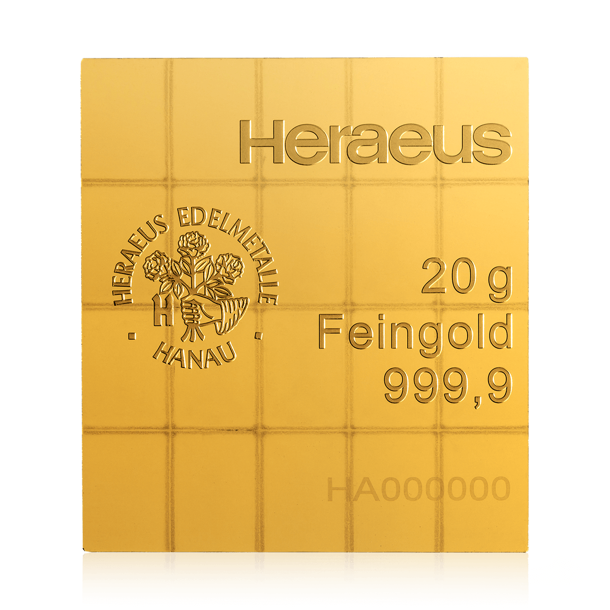 20 Gramm geprägter Heraeus CombiBar Goldbarren Rückseite 20 Gramm geprägter Heraeus CombiBar Goldbarren Rückseite