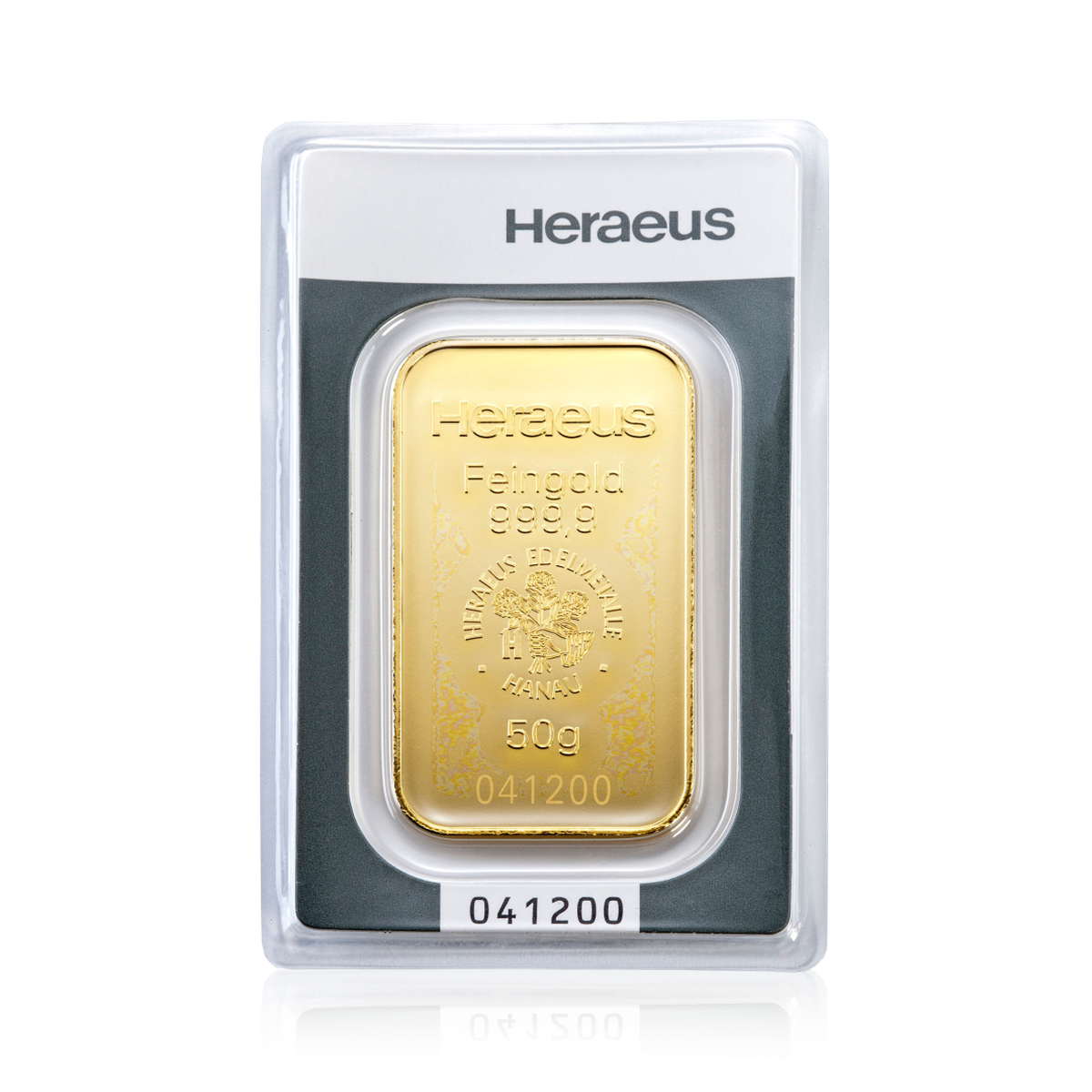 50 Gramm geprägter Heraeus Goldbarren Blister Vorderseite 50 Gramm geprägter Heraeus Goldbarren Blister Vorderseite