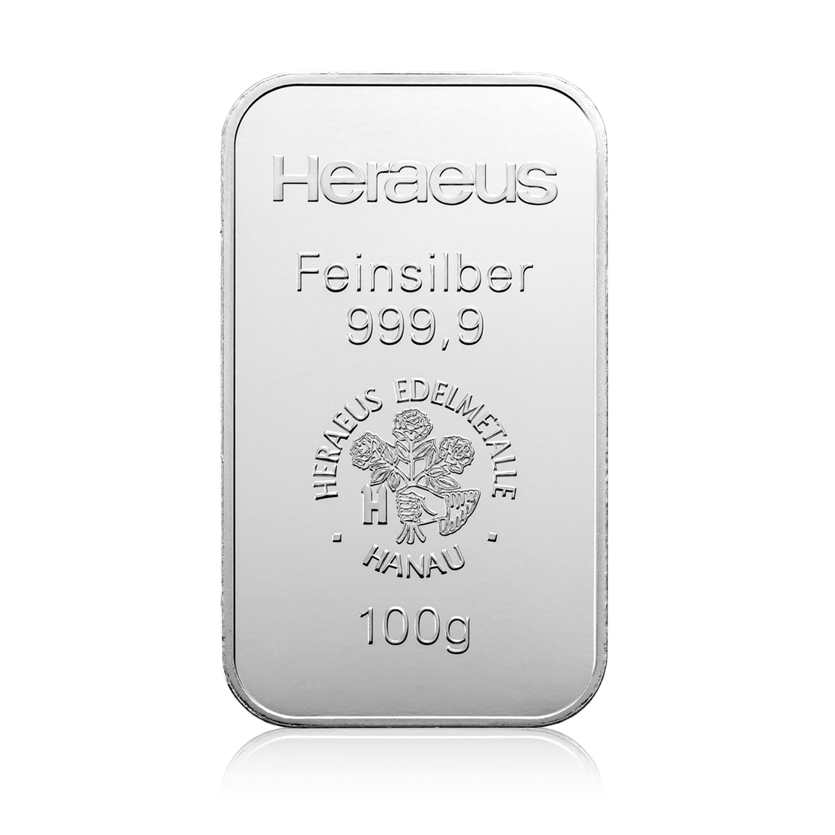 100 Gramm geprägter Heraeus Silberbarren Vorderseite 100 Gramm geprägter Heraeus Silberbarren Vorderseite