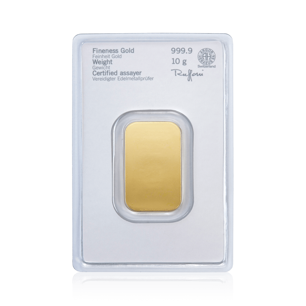 10 Gramm geprägter Heraeus Goldbarren Blister Rückseite 10 Gramm geprägter Heraeus Goldbarren Blister Rückseite