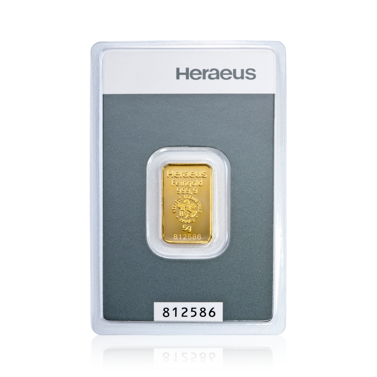 5 Gramm geprägter Heraeus Kinebar Goldbarren Blister Vorderseite 5 Gramm geprägter Heraeus Kinebar Goldbarren Blister Vorderseite
