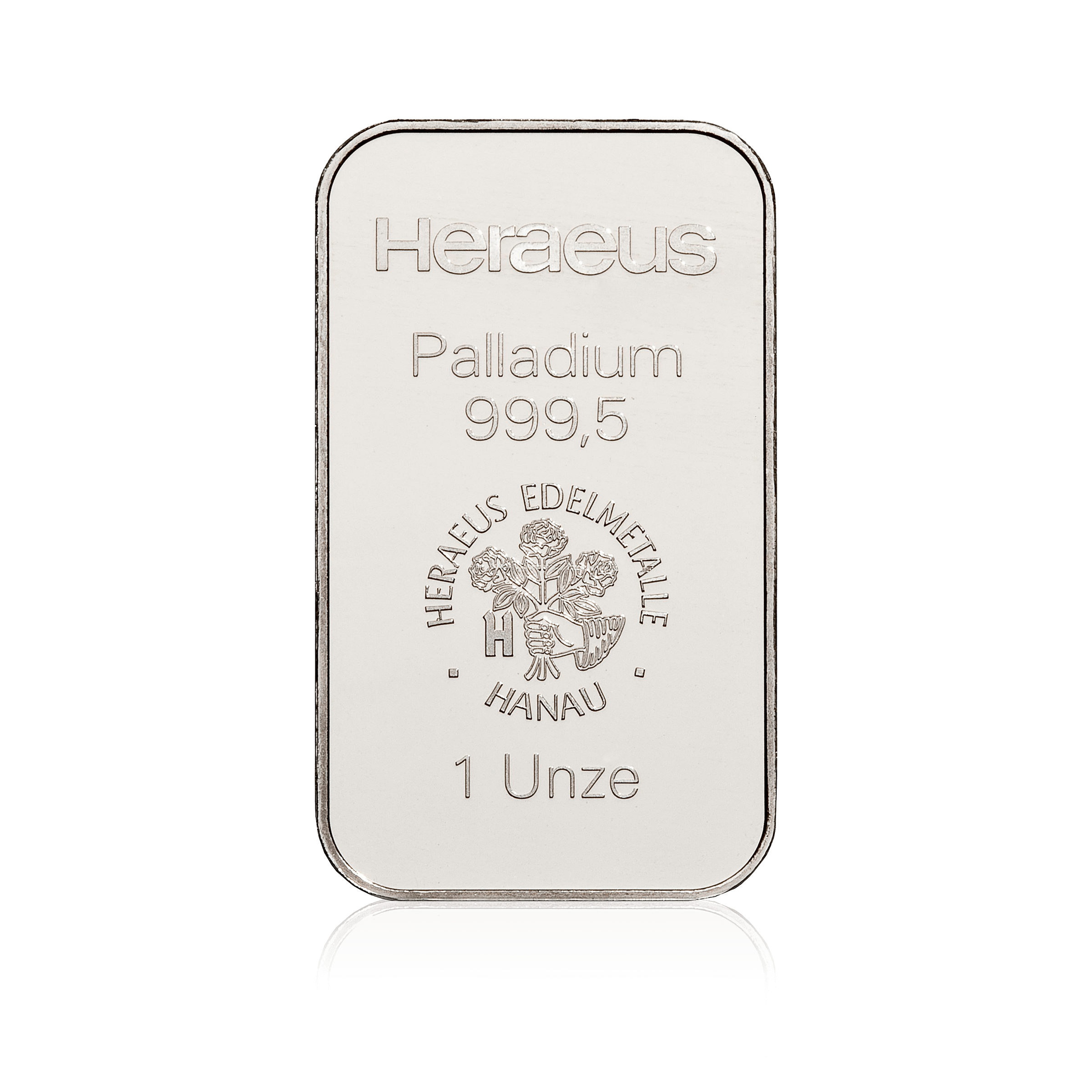 1 Unze geprägter Heraeus Palladiumbarren Vorderseite 1 Unze geprägter Heraeus Palladiumbarren Vorderseite