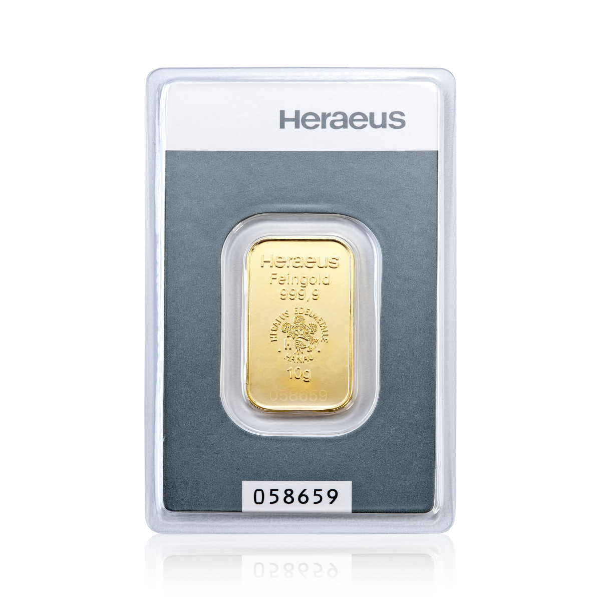 10 Gramm geprägter Heraeus Goldbarren Blister Vorderseite 10 Gramm geprägter Heraeus Goldbarren Blister Vorderseite