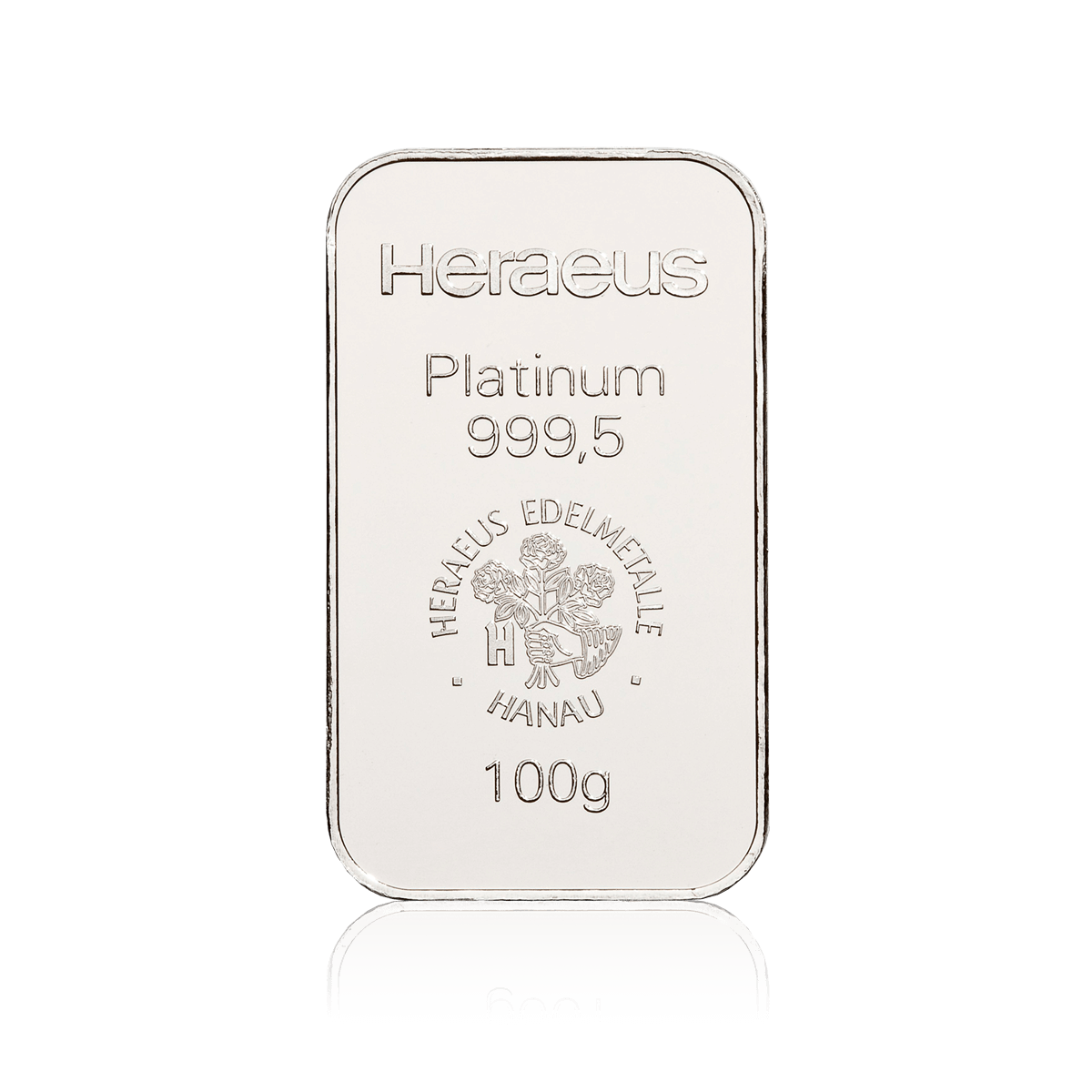 100 Gramm geprägter Heraeus Platinbarren Vorderseite 100 Gramm geprägter Heraeus Platinbarren Vorderseite