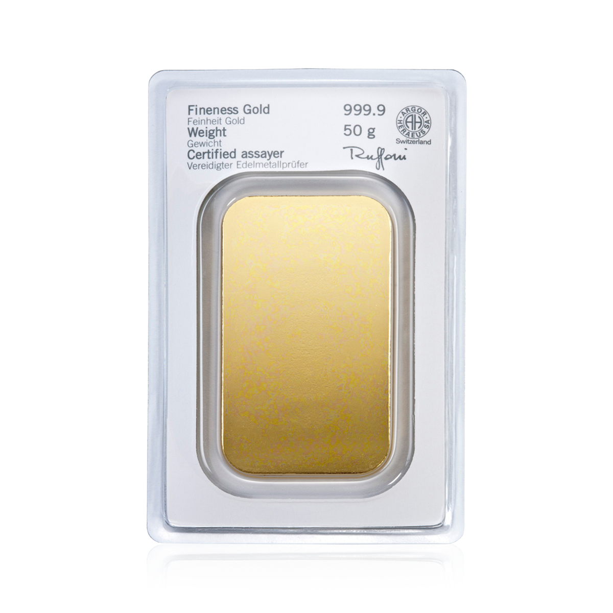 50 Gramm geprägter Heraeus Goldbarren Blister Rückseite 50 Gramm geprägter Heraeus Goldbarren Blister Rückseite