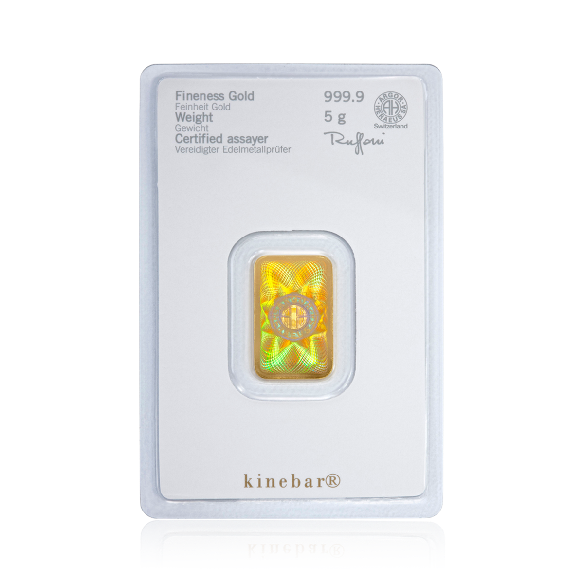 5 Gramm geprägter Heraeus Kinebar Goldbarren Blister Rückseite 5 Gramm geprägter Heraeus Kinebar Goldbarren Blister Rückseite