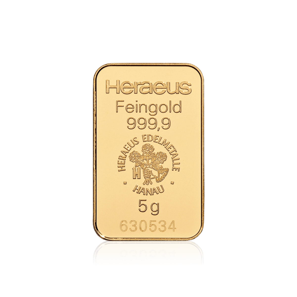 5 Gramm geprägter Heraeus Goldbarren Vorderseite 5 Gramm geprägter Heraeus Goldbarren Vorderseite