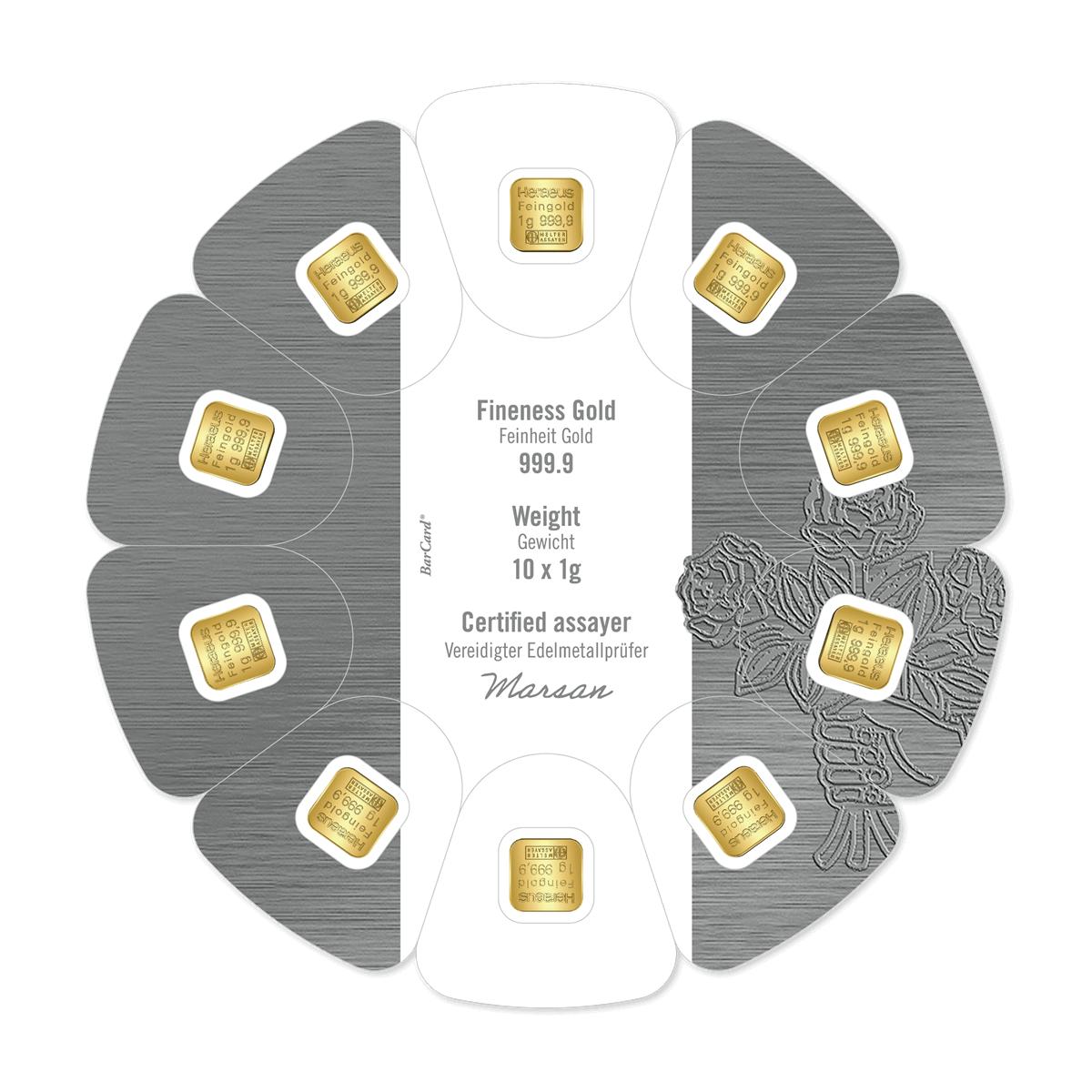 10 Gramm geprägter Heraeus MultiDisc Goldbarren verpackt Rückseite 10 Gramm geprägter Heraeus MultiDisc Goldbarren verpackt Rückseite