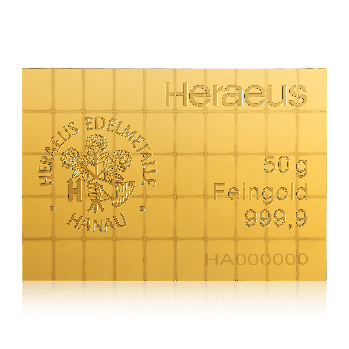 50 Gramm geprägter Heraeus CombiBar Goldbarren Rückseite 50 Gramm geprägter Heraeus CombiBar Goldbarren Rückseite