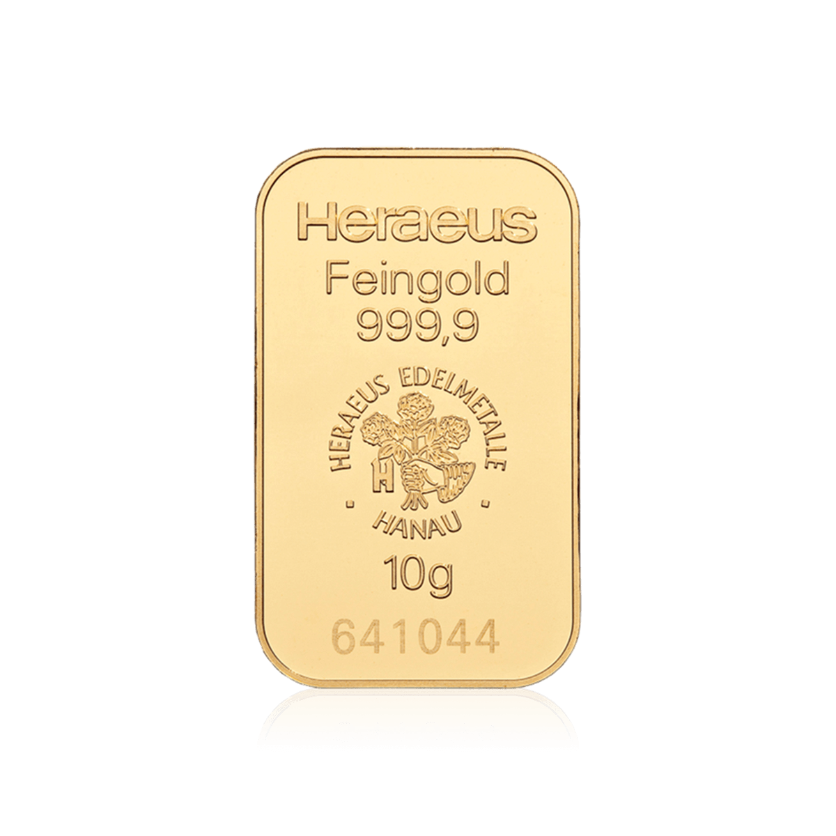 10 Gramm geprägter Heraeus Goldbarren Vorderseite 10 Gramm geprägter Heraeus Goldbarren Vorderseite