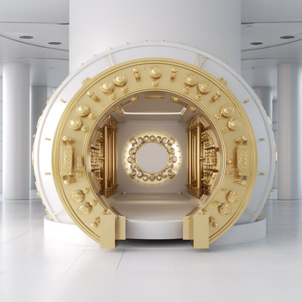 Weiß und goldfarbener Tresor gefüllt mit Tresorgold