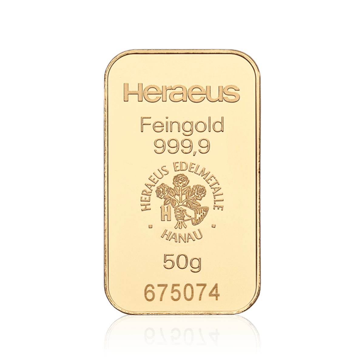50 Gramm geprägter Heraeus Goldbarren Vorderseite 50 Gramm geprägter Heraeus Goldbarren Vorderseite